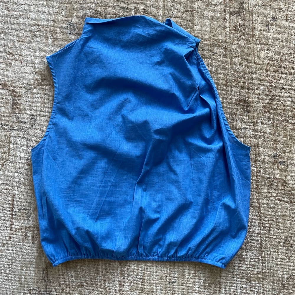 High neck linen sleeveless top, gorgeous blue, button neck, size S